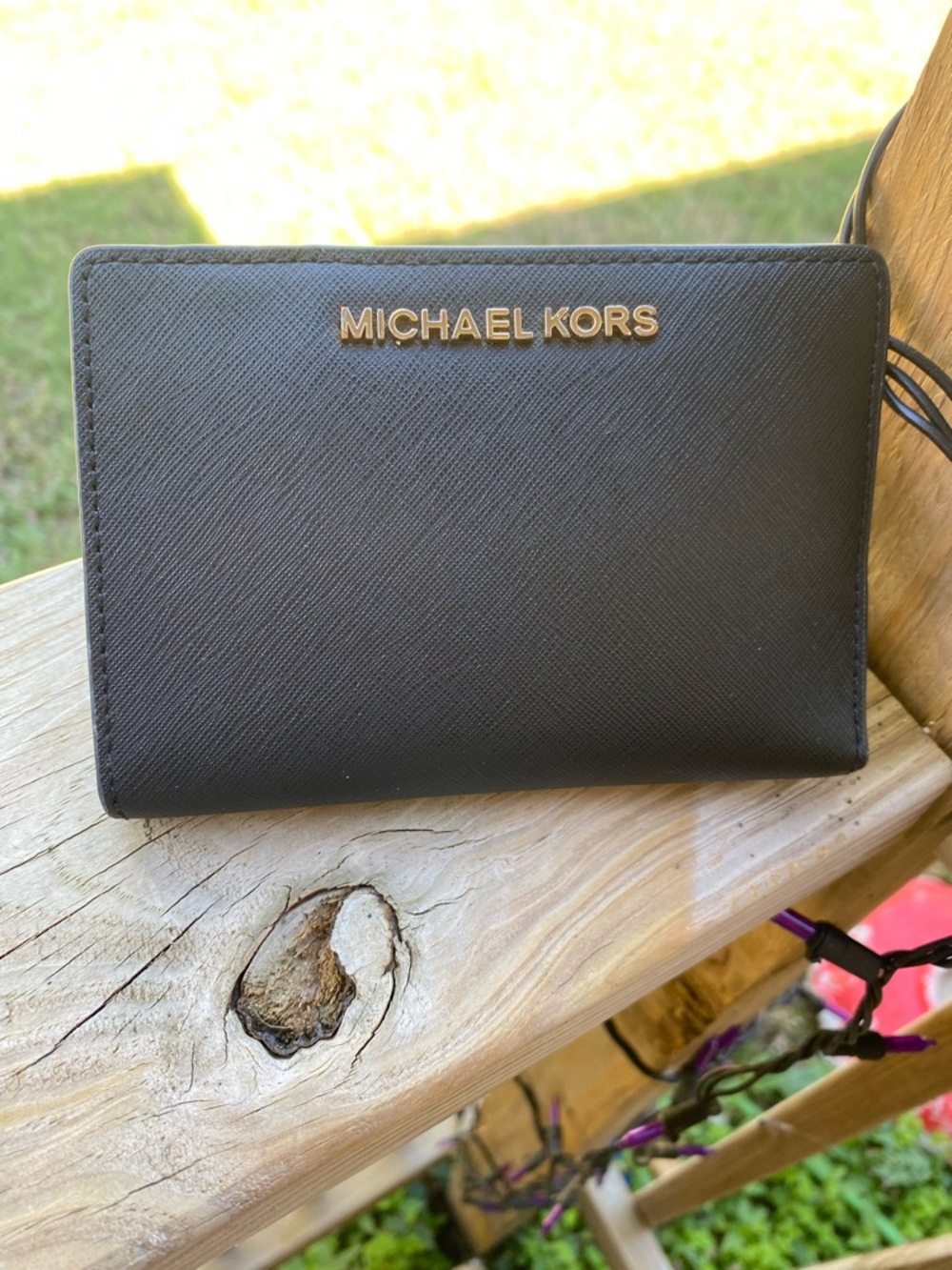 Michael Kors Black Leather Card & Key Holder with Gold Logo